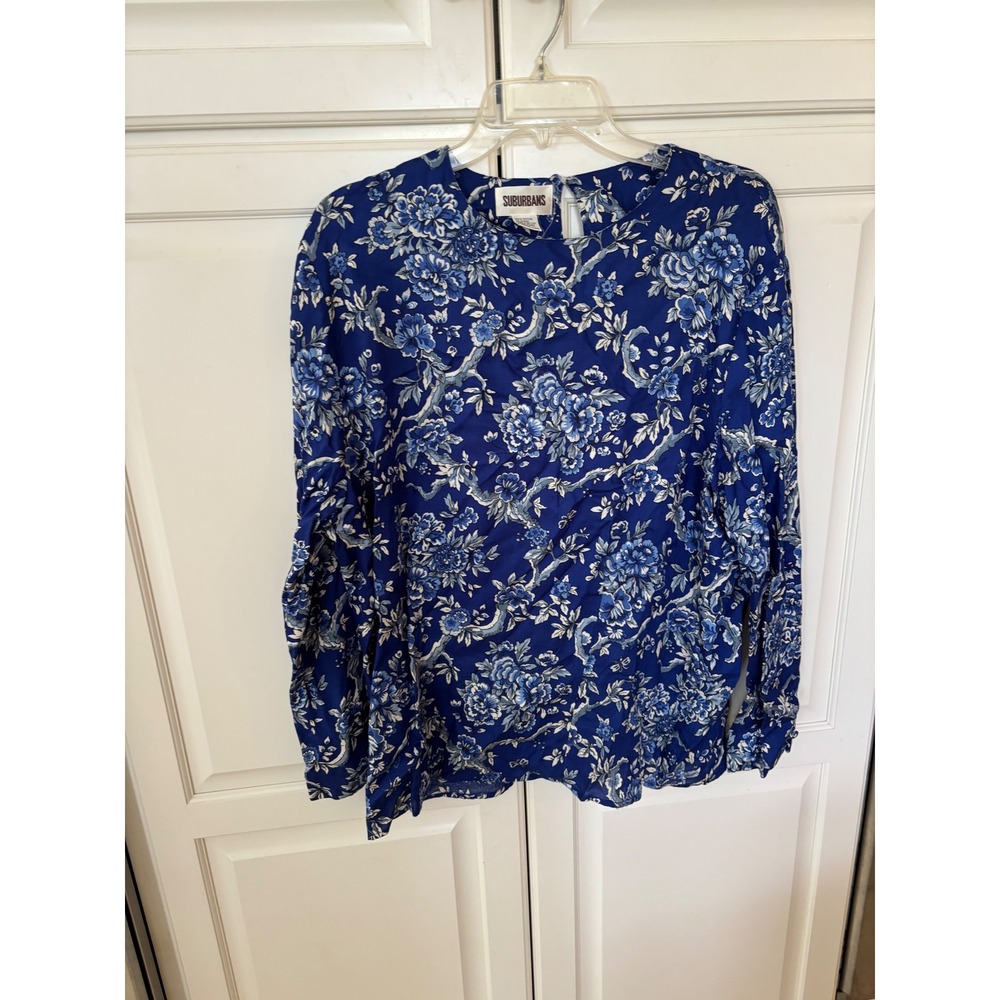 Suburbans Vintage Blue Floral Rayon Blouse Long Sleeve Keyhole Back Size 16